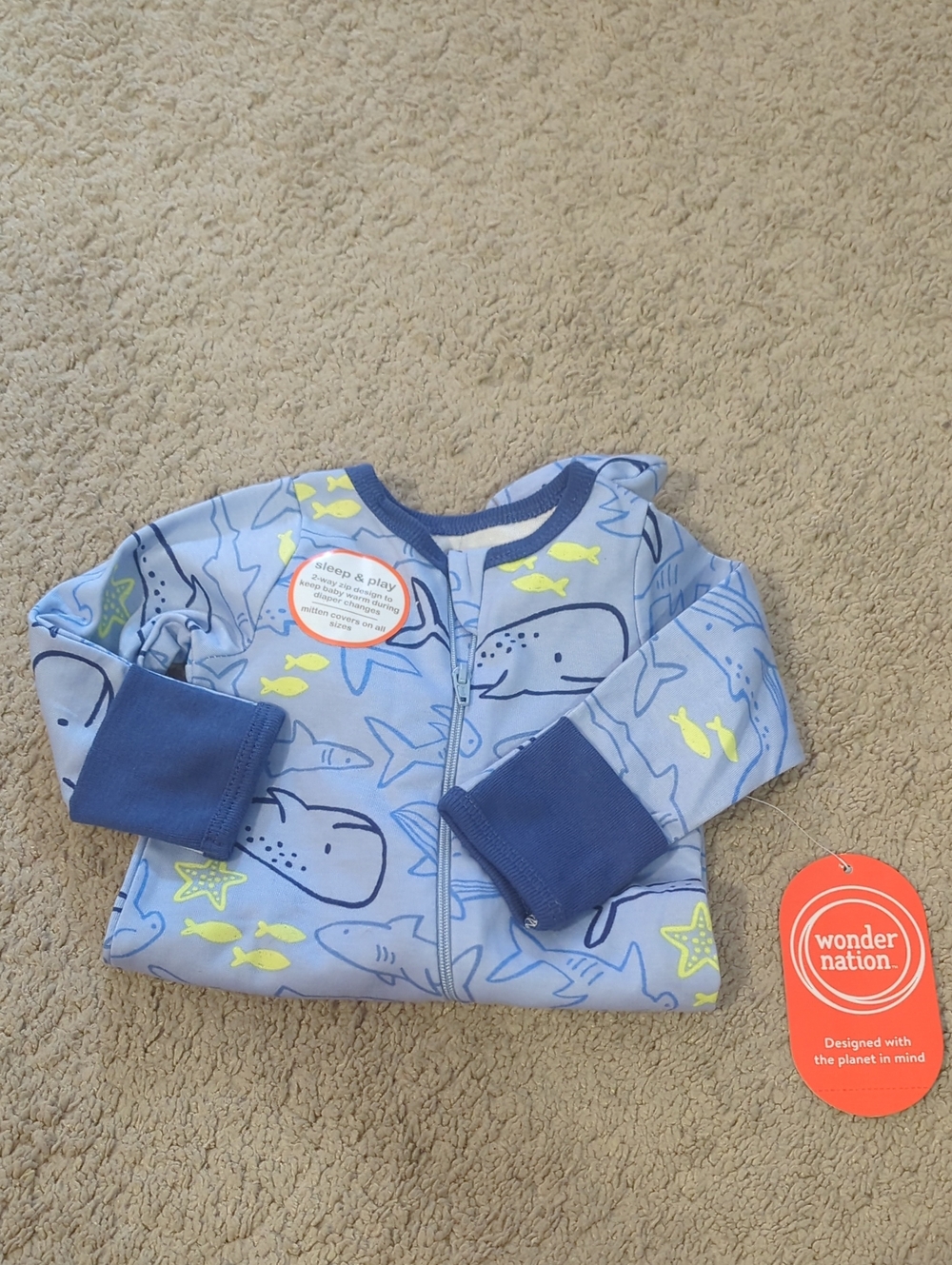Wonder Nation Light Blue Ocean Zip Sleep & Play with Navy Trim Newborn Size